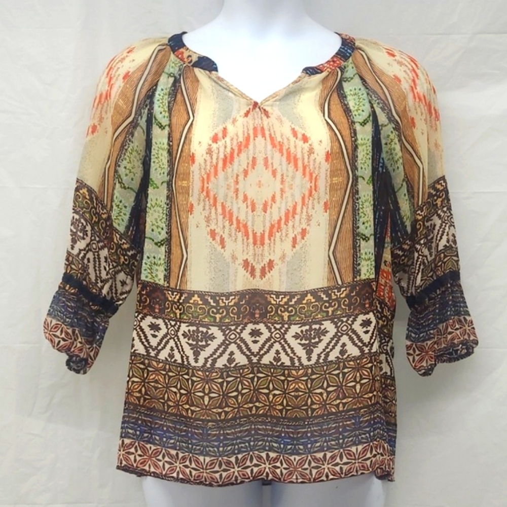 Bohemian Blouse Tunic Top Elbow Short Sleeve V Neck Sheer Chiffon